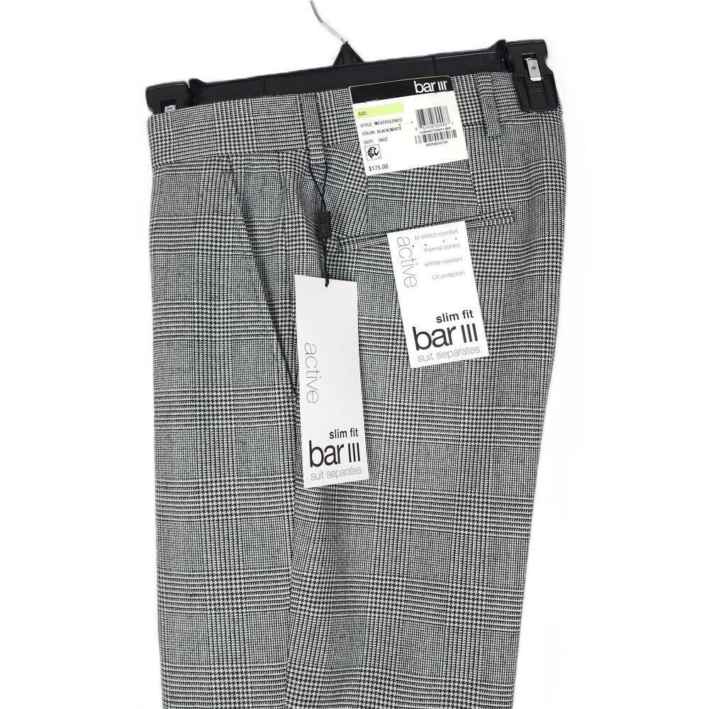 Bar III Mens Slim Fit Wool Suit Pants 30x32 Black White Plaid Active Stretch NWT